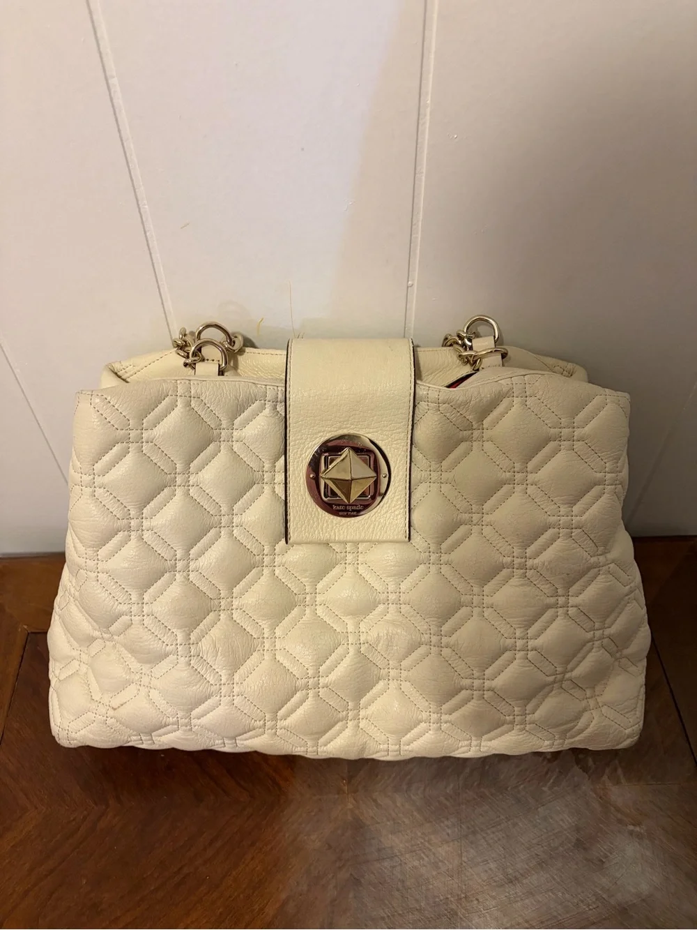 kate spade Cream Quilted Leather Shoulder Tote with Chain Straps
